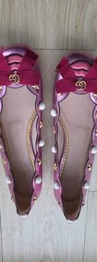 Gucci Pink Metallic Pearl-Stud Ballet Flats